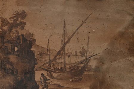 Scuola romana del XVII/XVIII secolo Studio di barche e figure penna e...