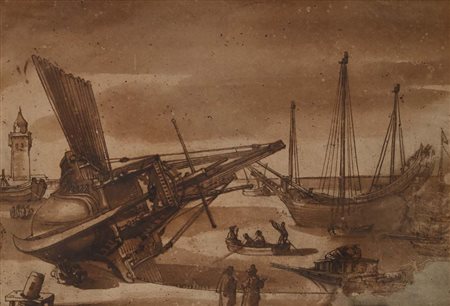 Scuola romana del XVII/XVIII secolo Studio di naufragio nel porto penna e...