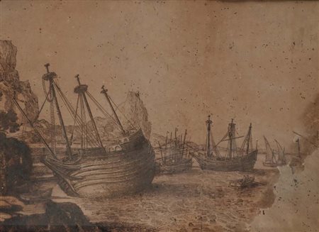 Scuola romana del XVII/XVIII secolo Studio di barche al porto penna e...