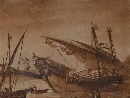 Scuola romana del XVII/XVIII secolo Studio di galera al porto penna e...