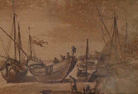 Scuola romana del XVII/XVIII secolo Studio di barche al porto penna e...