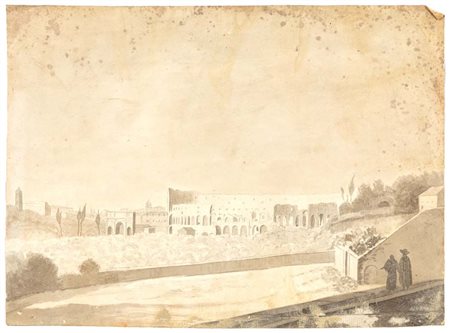 Scuola romana del XIX secolo Veduta del Colosseo Penna, inchiostro bruno e...