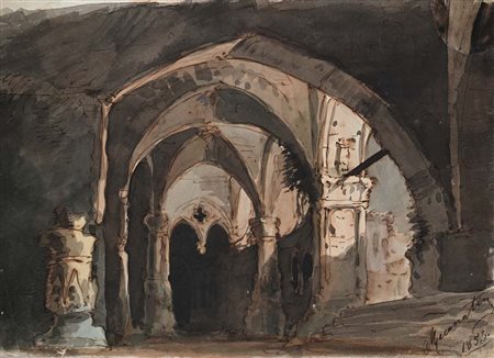 Scuola bolognese del XIX secolo Studio di interno gotico China e inchiostro...