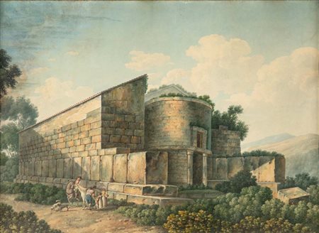 Scuola romana del XIX secolo Rovine entro paesaggio arcadico Tempera e...