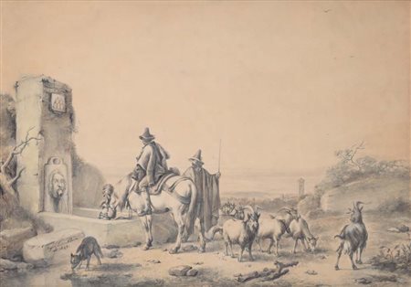 Scuola olandese del XIX secolo Butteri alla fontana acquerello su carta mm...