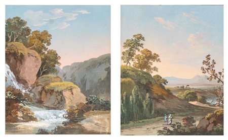 Scuola romana del XIX secolo Vedute arcadiche Tempera e inchiostri...