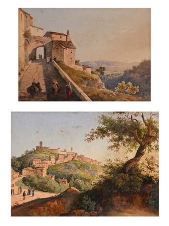 Scuola Italiana del XIX secolo Scorci di paese con figure coppia di...