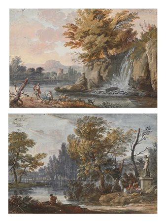 Scuola romana del XIX secolo Paesaggi fluviali con rovine antiche tempere e...