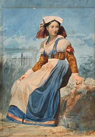 Scuola Romana inizi del XIX secolo Popolana in abiti tradizionali Acquerello...