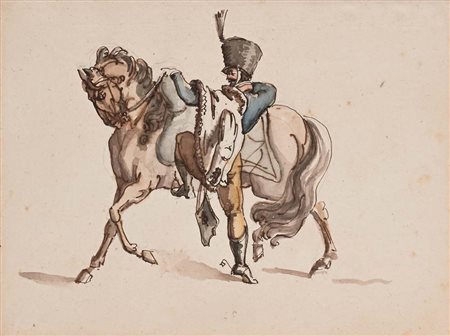 Scuola francese del XIX secolo Studio per cavaliere ussaro Inchiostri...