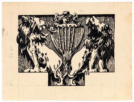 Ferruccio Pasqui Studio di leoni China su carta mm 180x240 Siglato in basso a...