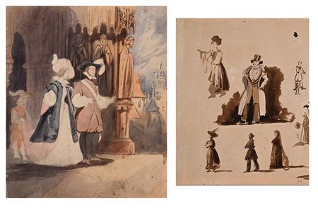 Scuola Italiana del XIX secolo Scena nuziale - Studi per figure Acquarelli su...