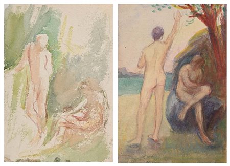 Fernand Riblet Coppia di studi con nudi Matita e tempere diluite su...