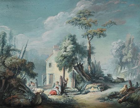 Scuola inglese del XVIII secolo “Paesaggio pastorale” tempera su cartoncino...