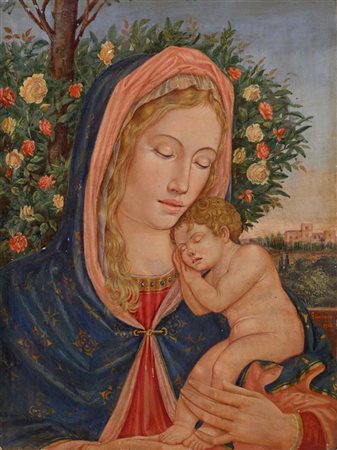 Scuola senese XIX/XX secolo Piccola Madonna con bambino tecnica mista su...