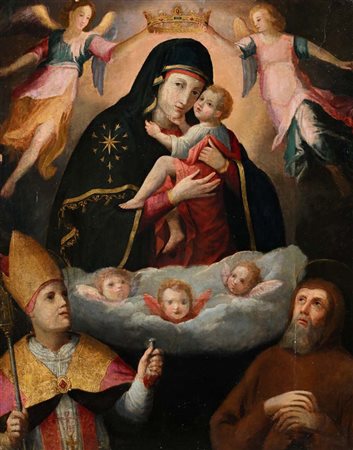 Pittore Napoletano del XVIII secolo Madonna Regina del cielo col Bambino, San...