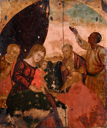 Scuola Veneto Cretese del XVI secolo Adorazione di Gesù Bambino olio su...