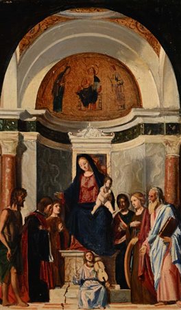 Pittore emiliano del XVIII secolo Sacra Conversazione olio su tela cm 28x17,5...