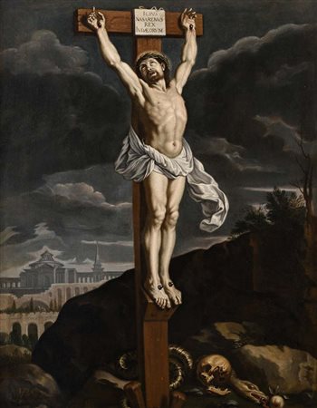 Pittore del XVII secolo Crocifissione olio su tela cm 104x81 - con cornice cm...