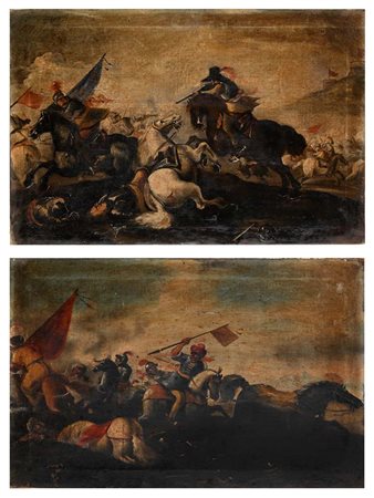 Pittore del XVIII secolo Coppia di Battaglie olio su tela a) cm 40x5x60,5 -...