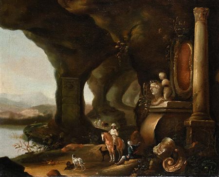 Pittore del XVIII secolo Grotta con rovine e cavaliere olio su tela cm 48x58...