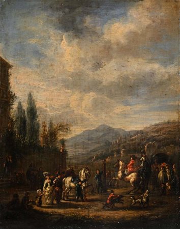 Pittore fiammingo del XVIII secolo Partenza per la caccia Olio su tavola cm...