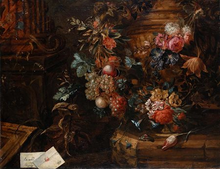 Pittore del XVIII secolo Natura morta con fiori, farfalla e lettere olio su...