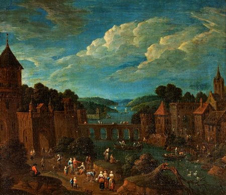 Jan Griefier (Amsterdam 1645 - Londra 1718) Paesaggio con fiume e paese olio...