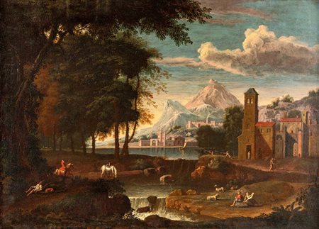 Pittore italianizzante. XVIII secolo Paesaggio di paese con montagna olio su...