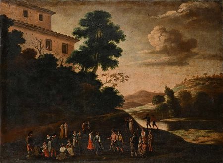 Pittore del XVIII secolo Paesaggio con figure olio su tela cm 88x120,5 - con...