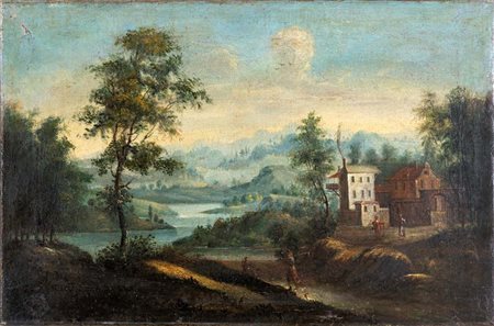 Scuola veneta del XVIII secolo Paesaggio collinare con fiume e caseggiati...