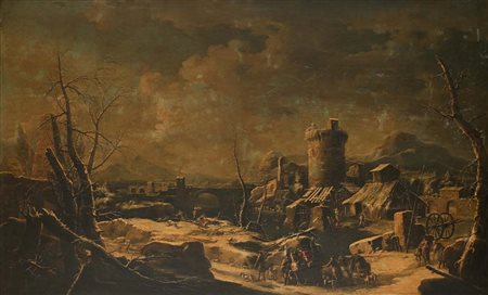 Marco Ricci (attribuito a) (Belluno 1676 - Venezia 1730) Paesaggio innevato...