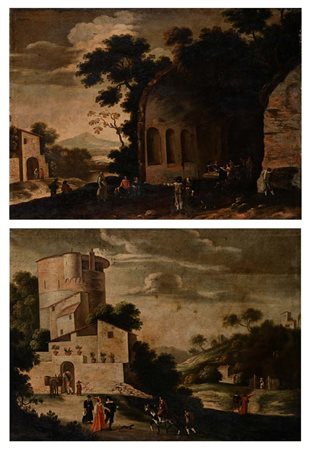Scuola veneta del XVIII secolo Coppia di paesaggi con figure olio su tela a)...