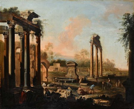 Scuola Romana del XVIII secolo Rovine con tempio e fontana olio su tela cm...