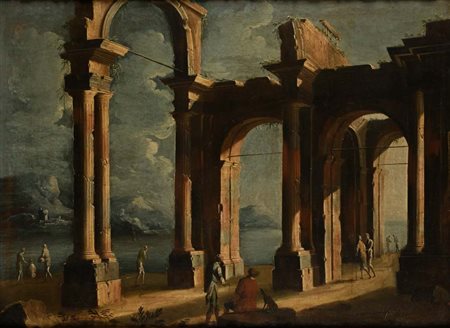 Scuola napoletana del XVII secolo Architettura con figure olio su tela cm...