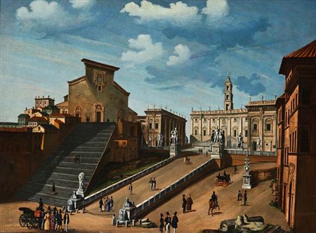Pittore romano del XVIII secolo Il Campidoglio e l'Ara Coeli olio su tela cm...