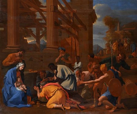 Nicolas Poussin (cerchia di) (1594 - 1665) Adorazione dei Magi Olio su tela...