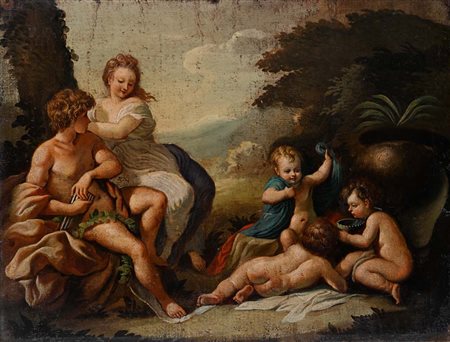 Pittore francese del XVIII secolo Pan e Siringa con amorini olio su tela cm...