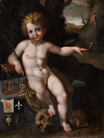 Pittore veneto del XVII secolo Vanitas 'Nascendo Morimur' Olio su tavola cm...