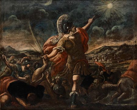 Pittore del XVII secolo Giosuè ferma il sole olio su tela cm 100,5x124 - con...