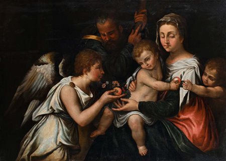 Pittore del XVIII secolo Sacra Famiglia con San Giovannino e un angelo olio...