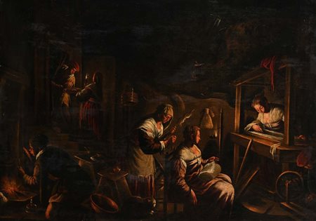 Bottega dei Bassano XVII secolo Filatrici, arrotino e figura in preghiera...