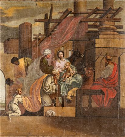 Pittore dell'Italia centrale del XVIII secolo Adorazione dei Magi Olio su...