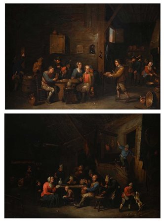 Victor Mahu (Anversa 1647 - Anversa 1700) Interni di osteria coppia di olii...