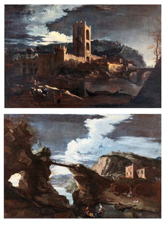Salvator Rosa (bottega di) (Napoli 1615 - Roma 1673) a) Paesaggio fluviale...