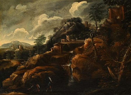 Pittore del XVIII secolo Paesaggio olio su tela cm 70x95 - con cornice cm 92x117