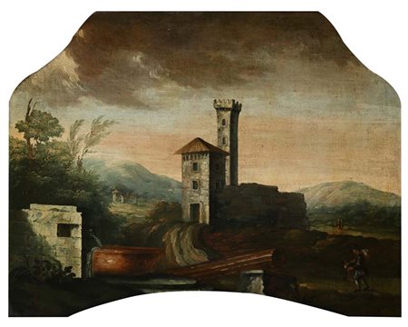 Scuola veneta del XVIII secolo Paesaggio con borgo Olio su tela cm 6x79 con...