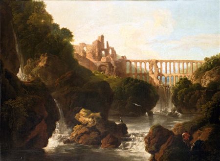 Hubert Robert (attribuito a) (Parigi 1733 - 1808) Paesaggio con architetture...