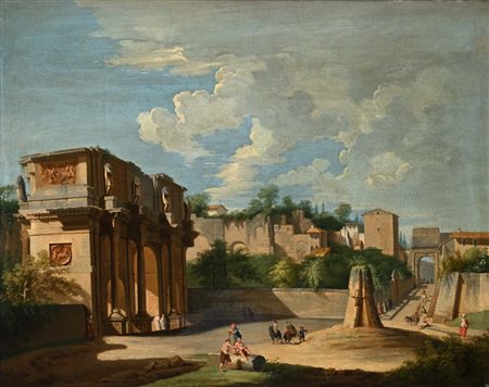 Scuola Romana del XVIII secolo Veduta di Roma con l'Arco di Costantino, la...
