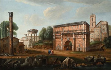 Pittore della fine del XVIII secolo Veduta del Foro Romano con la colonna di...